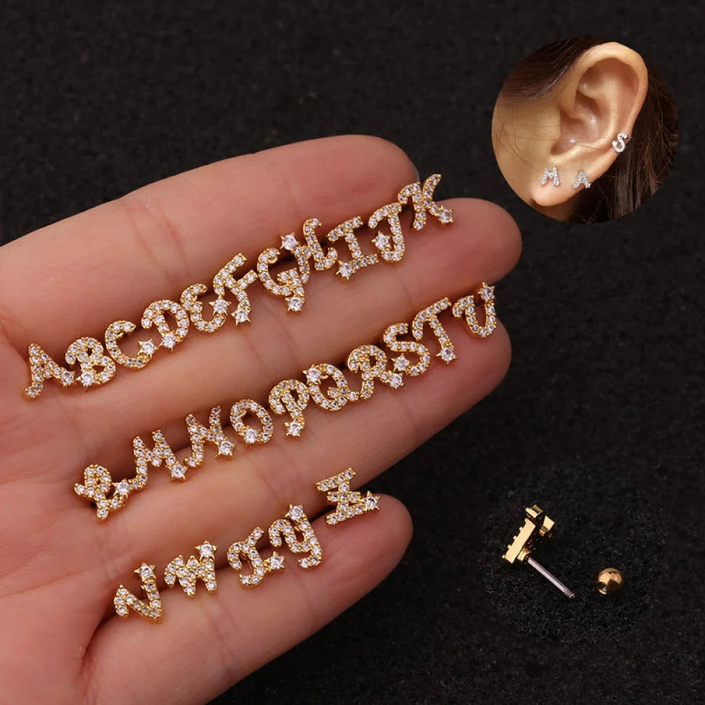 Cartilage Earrings Piercing Cubic Zirconia Stainless Steel Screw Small Initial Alphabet Letter Stud Earrings Set