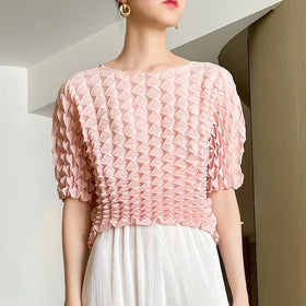 2024 Summer Fashion Pleated Square Top Women's Short Sleeve Modest T-shirt Casual High-end Comfortable Top