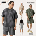 Wholesale Street Wear Custom Summer Double Yarn Vintage Washed Distressed T-Shirt Shorts 2 Piece Set
