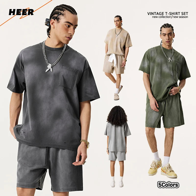 Wholesale Street Wear Custom Summer Double Yarn Vintage Washed Distressed T-Shirt Shorts 2 Piece Set