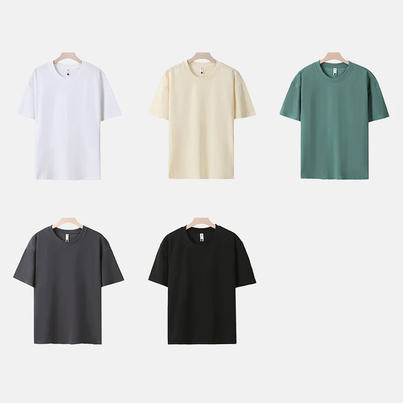 Men's 100% Cotton O-Neck T-Shirt Boxy Oversized 220g Custom Logo Printed Short Sleeve Loose & Soft Breathable Solid Pattern