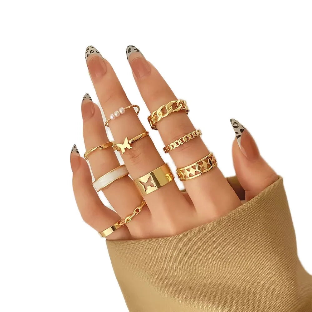 Fashion 18 Gold Plated Butterfly Rings Set Multiple Designs Chain Alloy Finger Rings for Women Jewelry
