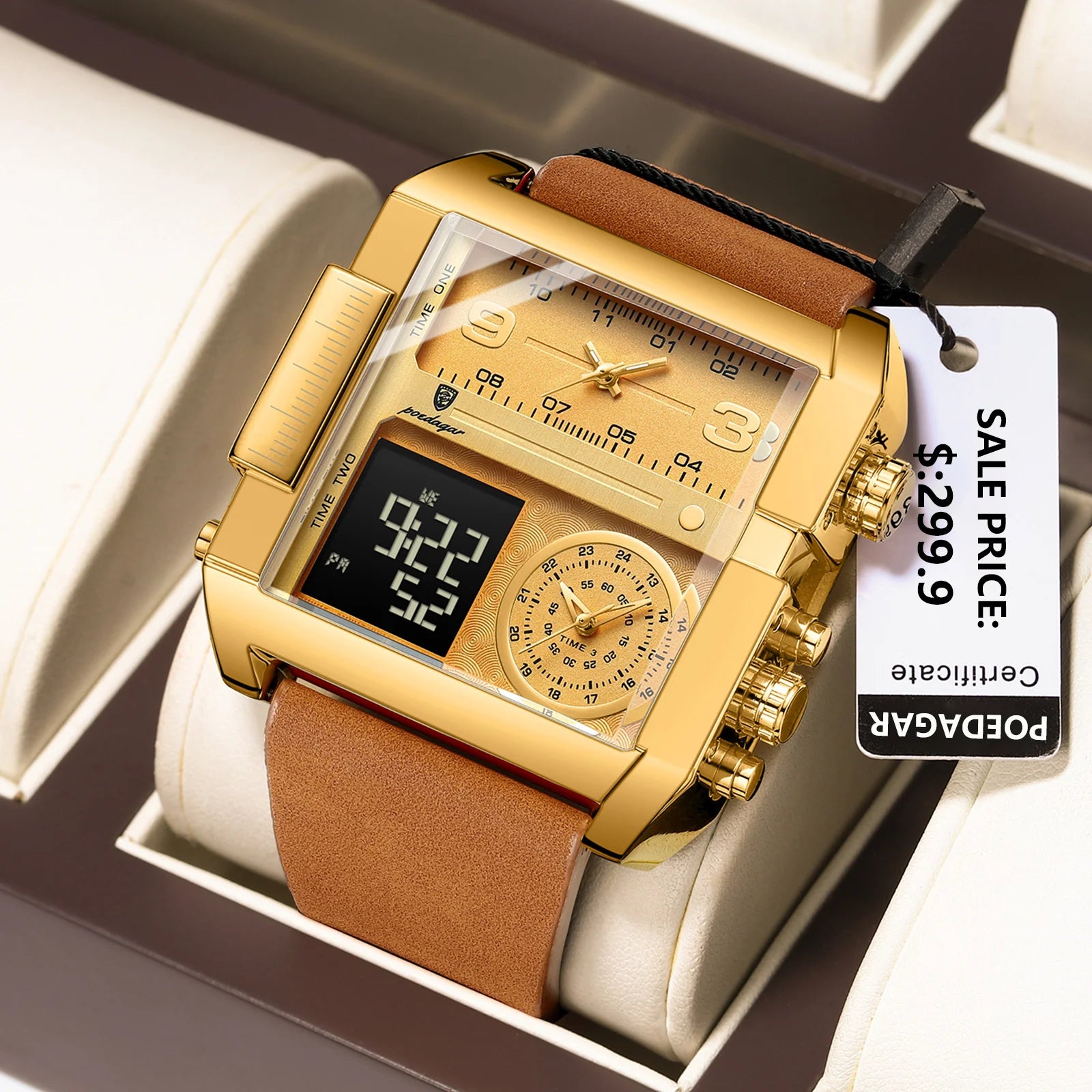POEDAGAR New Casual Sport Chronograph Men Watch Vintage Square Leather Reloj Para Hombre Waterproof Luminous for Man