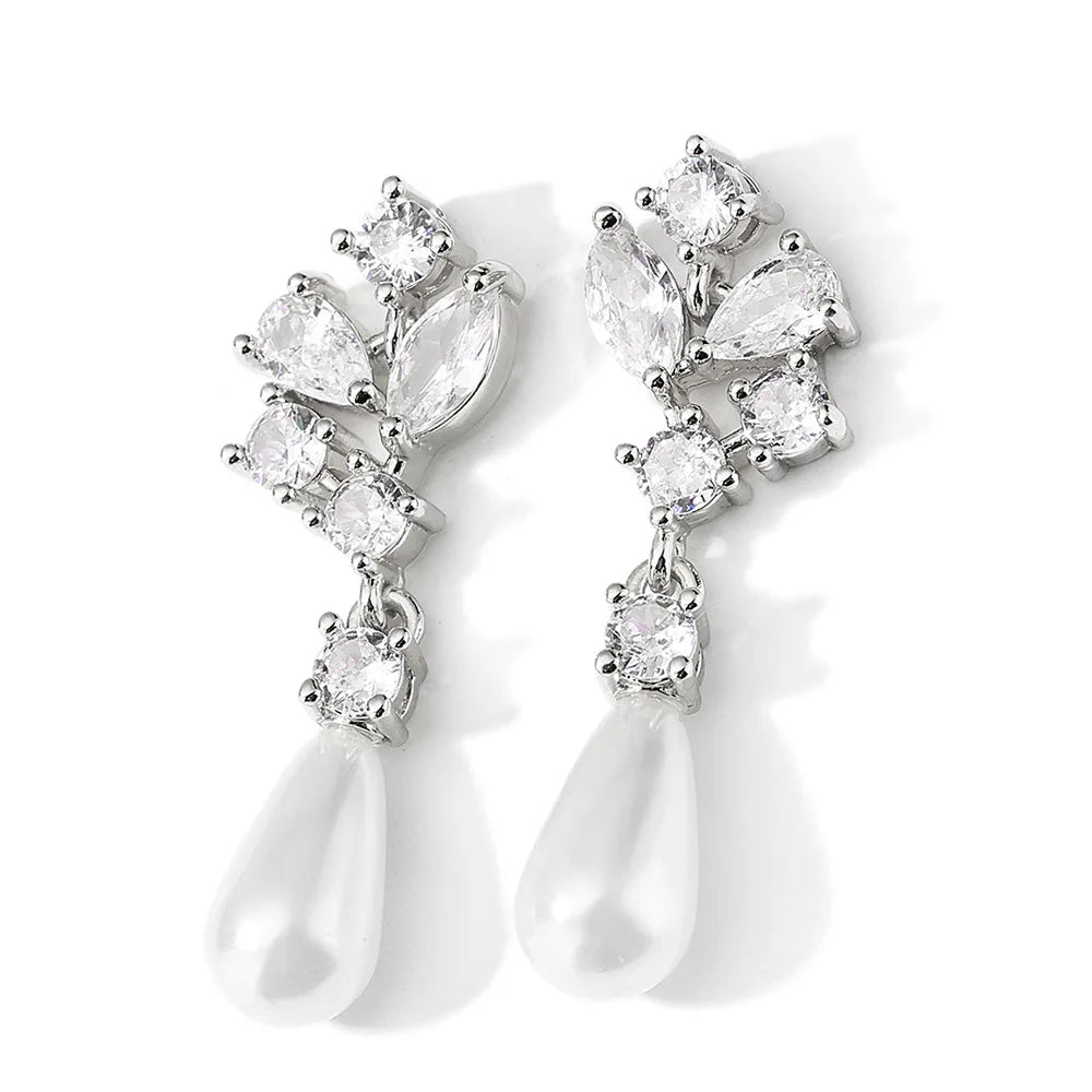 Light Luxury Water Drop Pearl Latest Design of Cubic Zirconia Earrings Wholesale Women's Silver Bridal Diamond Earrings