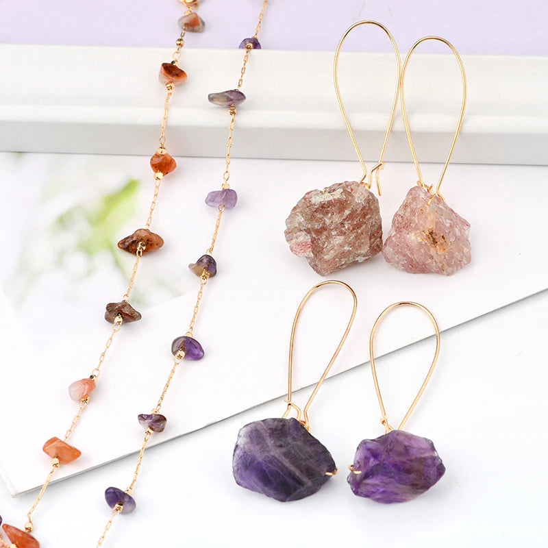 Healing Crystal Fashion Gold Earring with Necklace Jewelry Sets Chain Chips Gemstone Jewelry Set for Women