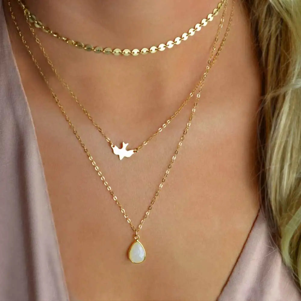 Wholesale  Multi-layer Necklace  Round Piece Chain Necklace Dove Bird Crystal Pendant Necklace