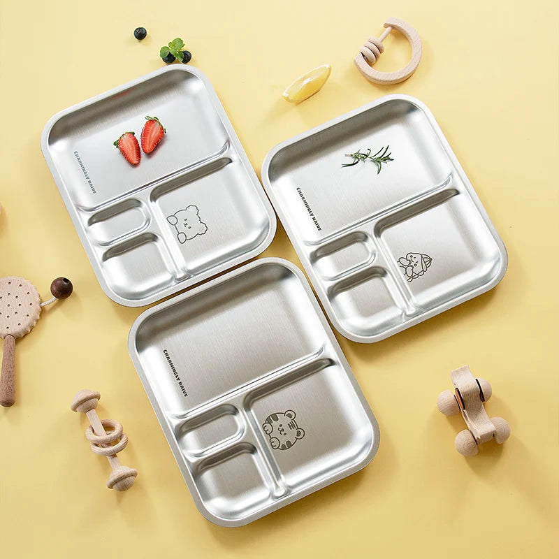 Cute Cartoon Animal Children Eco-Friendly Stainless Steel 304 26x21cm 4-Compartment Stocked Plate Dinner Set Utensils Kit Kids