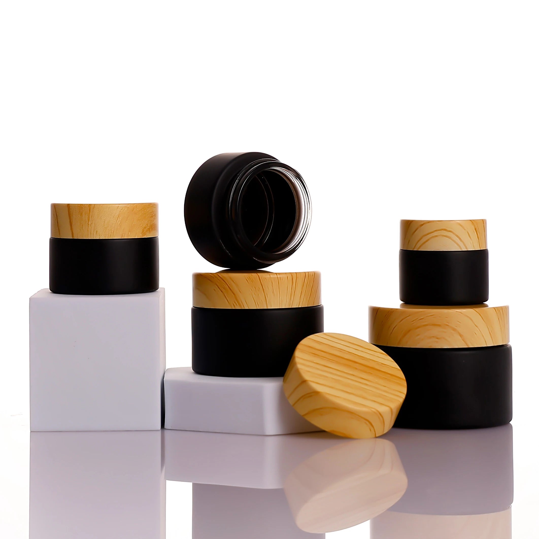 Customized Color LOGO Labels 30 g 5 g 100g  Empty Bamboo Lid Clear Frosted Face Body Cream Cosmetic Glass Jar