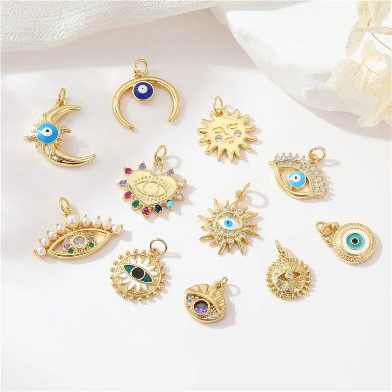 Diy Copper Gold Plated Multi-color Zirconia Eye Palm Sun Moon Pendant Necklace Gifts for Women