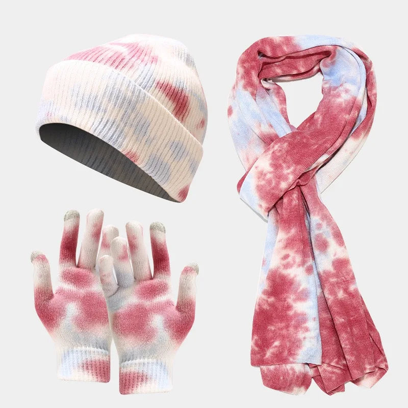 MIO Newest Custom Multiple Color Tone  Fashion Warm Winter  Caps Tie-dye Knitted Beanie Scarf Hats Gloves Sets 3 Pieces Women