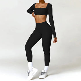 2024 New Seamed Yoga Sets Women Long Sleeve Yoga Clothing Yoga Sets for Women 2 Piece square Neck Sports Crop Top