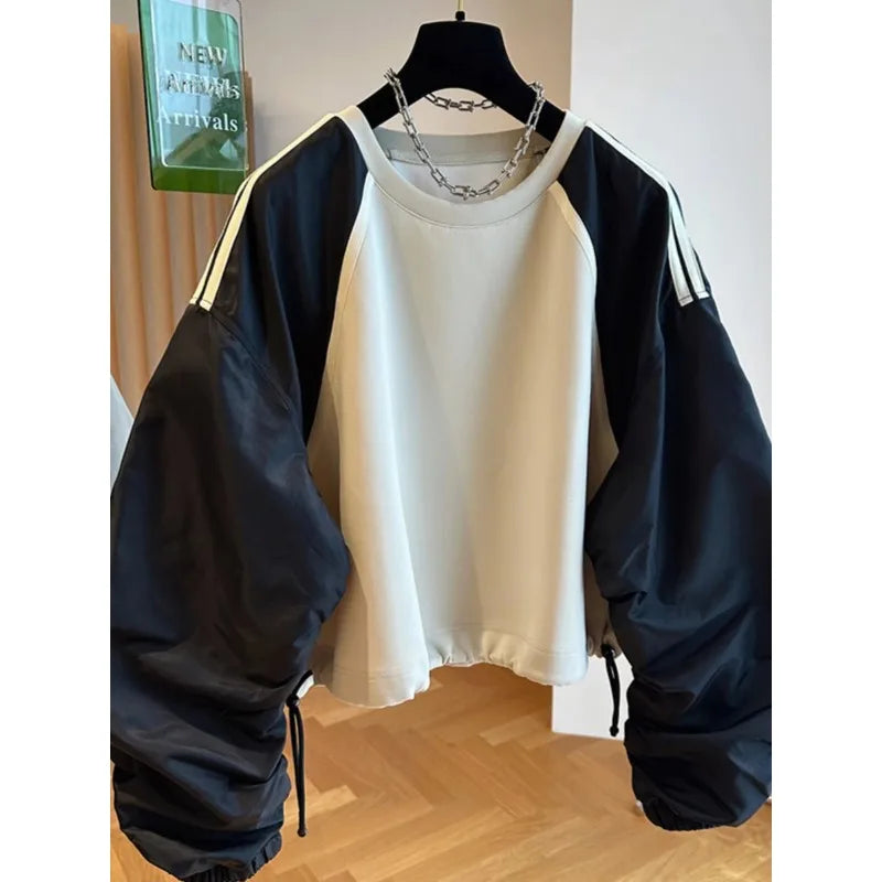 Wholesale 2026 Spring New Loose Patchwork Contrasting Raglan Sleeves With Drawstring Waist Collection Women's Sweatshirts