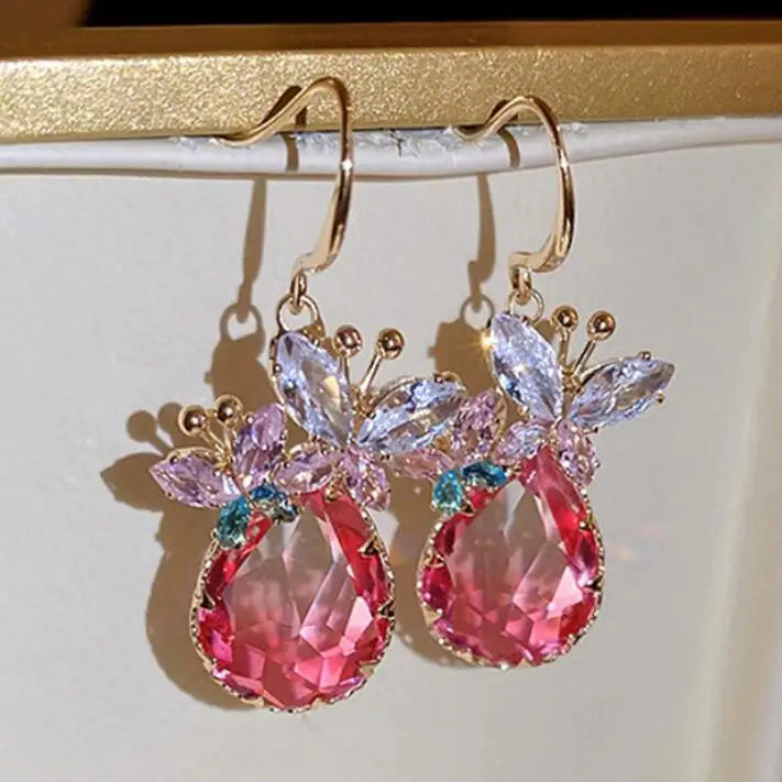 Kaimei 2025 Earring Fashion Jewelry Korean Style Butterfly Zircon Crystal Drop Earrings Pink Cubic Zirconia Earrings Women