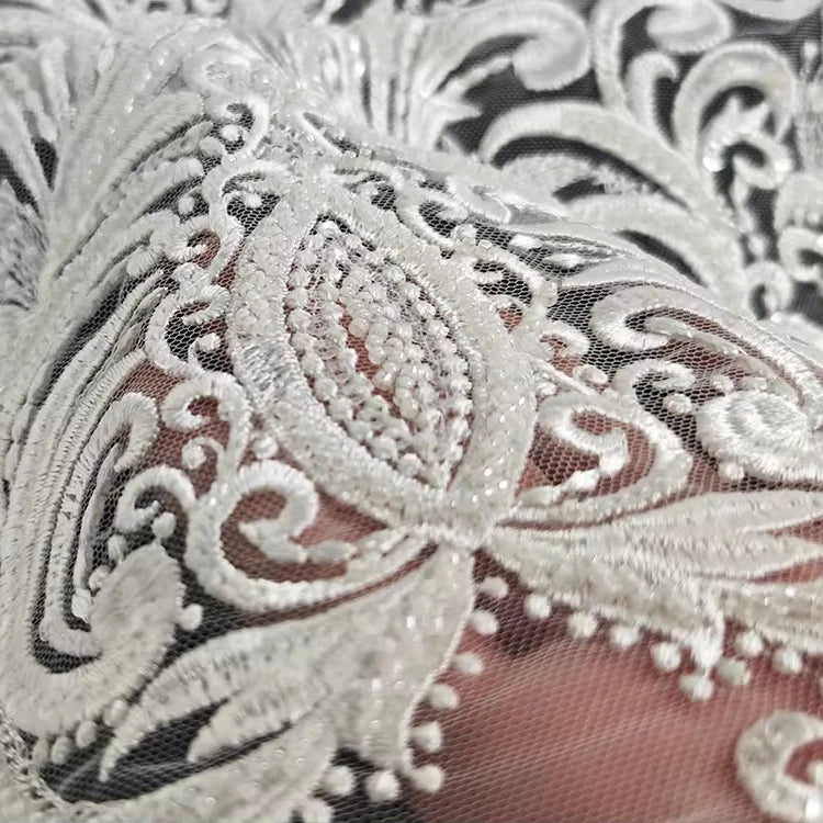 Beautiful French Tulle Heavy Beaded Sequins Lace Mesh Bridal Fabric White for Wedding Dress