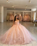 Appliqued Off the Shoulder Bow Princess Ball Gown Prom Party Wear Sweet 16 Dress Vestidos Pink Quinceanera Dresses MQ417
