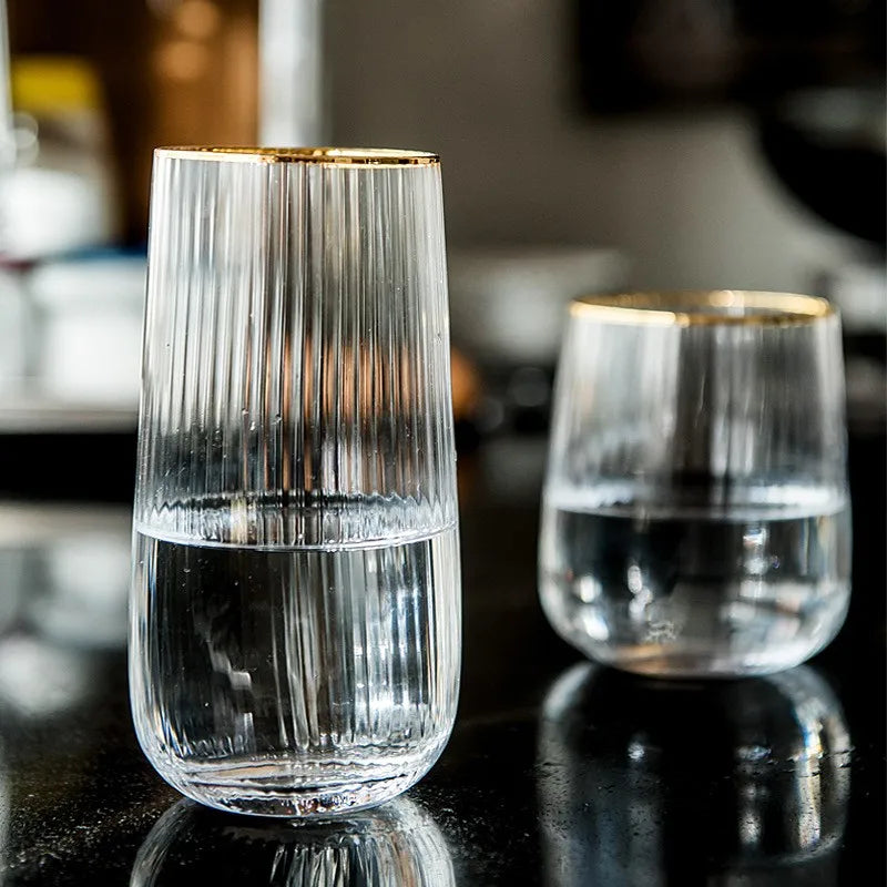 INS Transparent Glass Tea Cup Clear Crystal Heat-resistant Juice Milk Coffee Cup Golden Edge Home Office Restaurant Drinkware