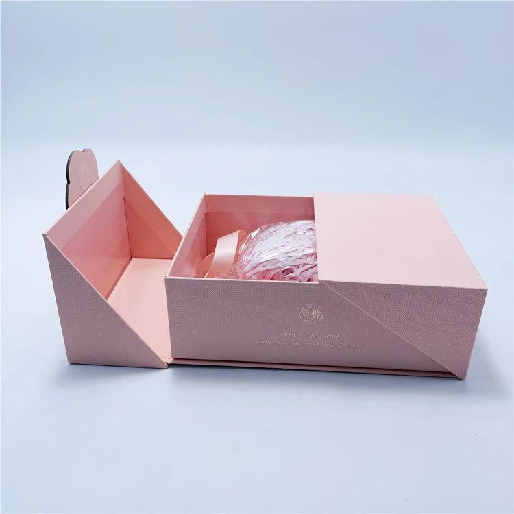 Romantic Custom Embossed Pattern Pink Color Paper Packaging Cosmetics Gift Set Pack Box With Rose Magnetic Closure Recyclable