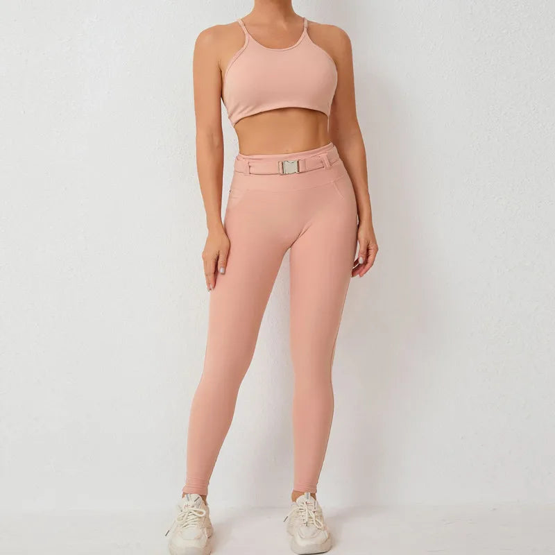 Adjustable Waistband Nylon Spandex 2-Piece Set with Leggings & Sports Bra Solid Pattern for Women