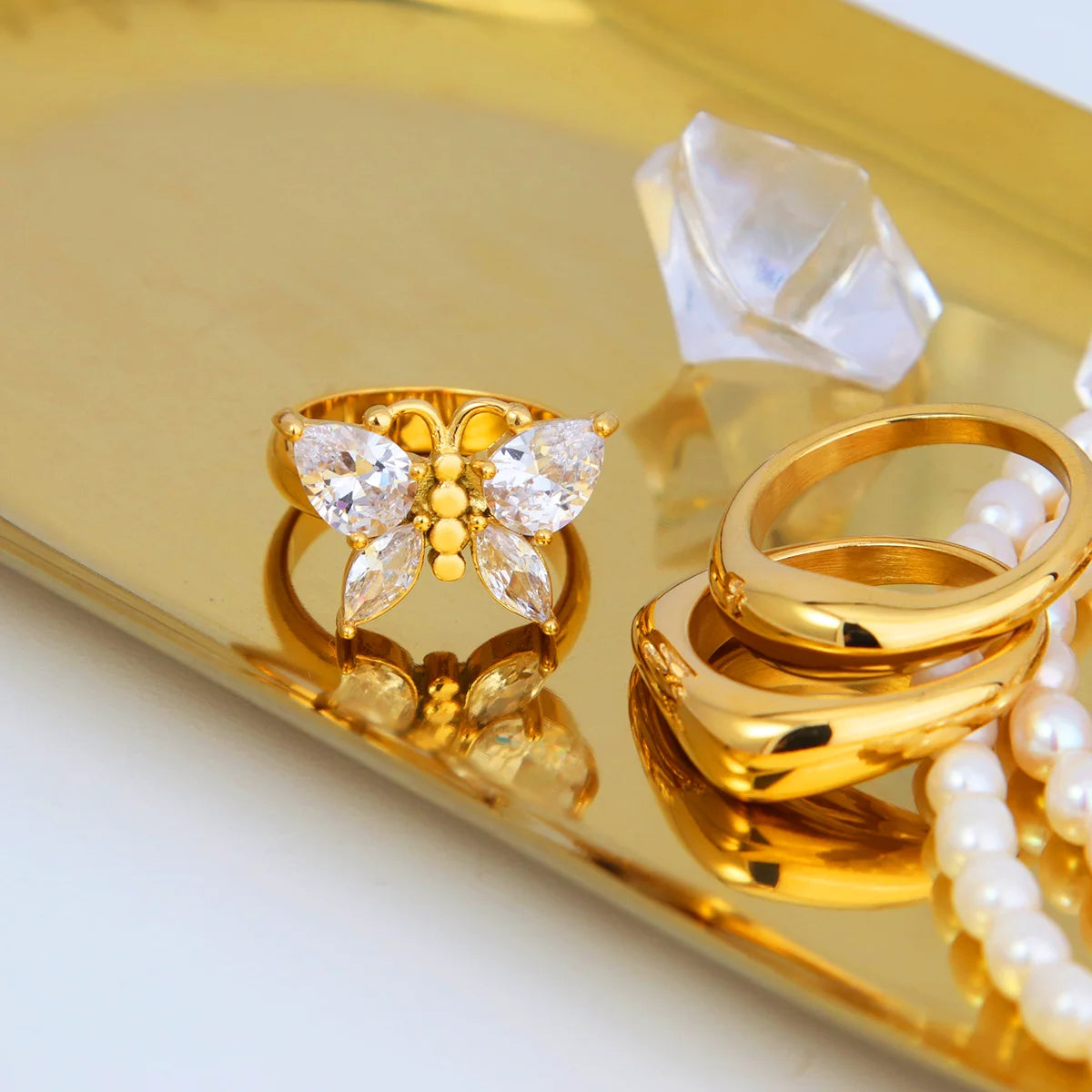 Chris April in Stock Luxury 316L Stainless Steel Minimalist PVD Gold Plated Zircon butterfly Ring Jewelry