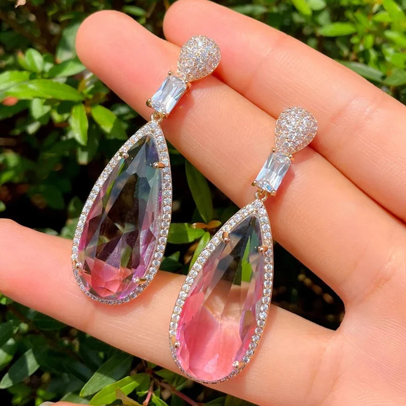 Multicolor Rainbow CZ Crystal Long Big Water Drop Earring for Women 2022 Summer Party Brazilian Gold Plated Bohemian Jewelry MegaBDM