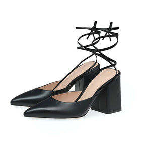 Black Pointed Toe High Heels Elegant Ankle Strap Block Heel Pumps
