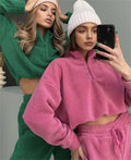 Velvet Crop Hoodie Tracksuit Set Women Cotton Velvet Sweatsuit Two Piece Set Custom Lady Velour Tracksuit 2 Piece Set