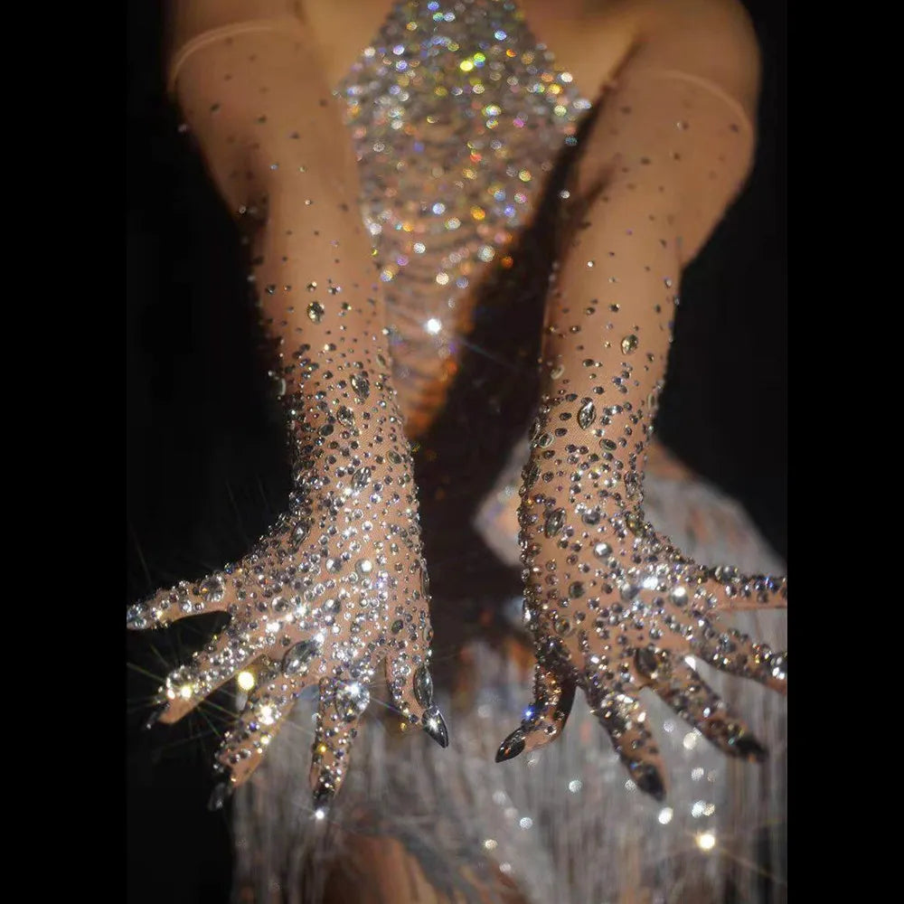 Sexy Sleeveless Perspective Tassel Rhinestones Club Party Mini Dress Women Prom Outfits Latin Dance Stage Performance Costume