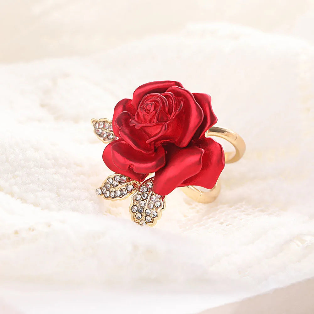 Jachon New Arrivals Red Rose Flower Napkin Silk Scarf Buckles Ring for Party Dress Girls Bouquet Creative Ring