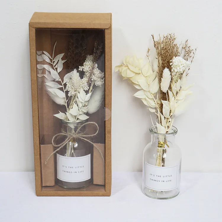 A-1160 Wholesale Home Party Decor Ins Glass Vase Pampass Grass Gift Set Small Dried Pampas Grass with in Glass Vase Gift Box