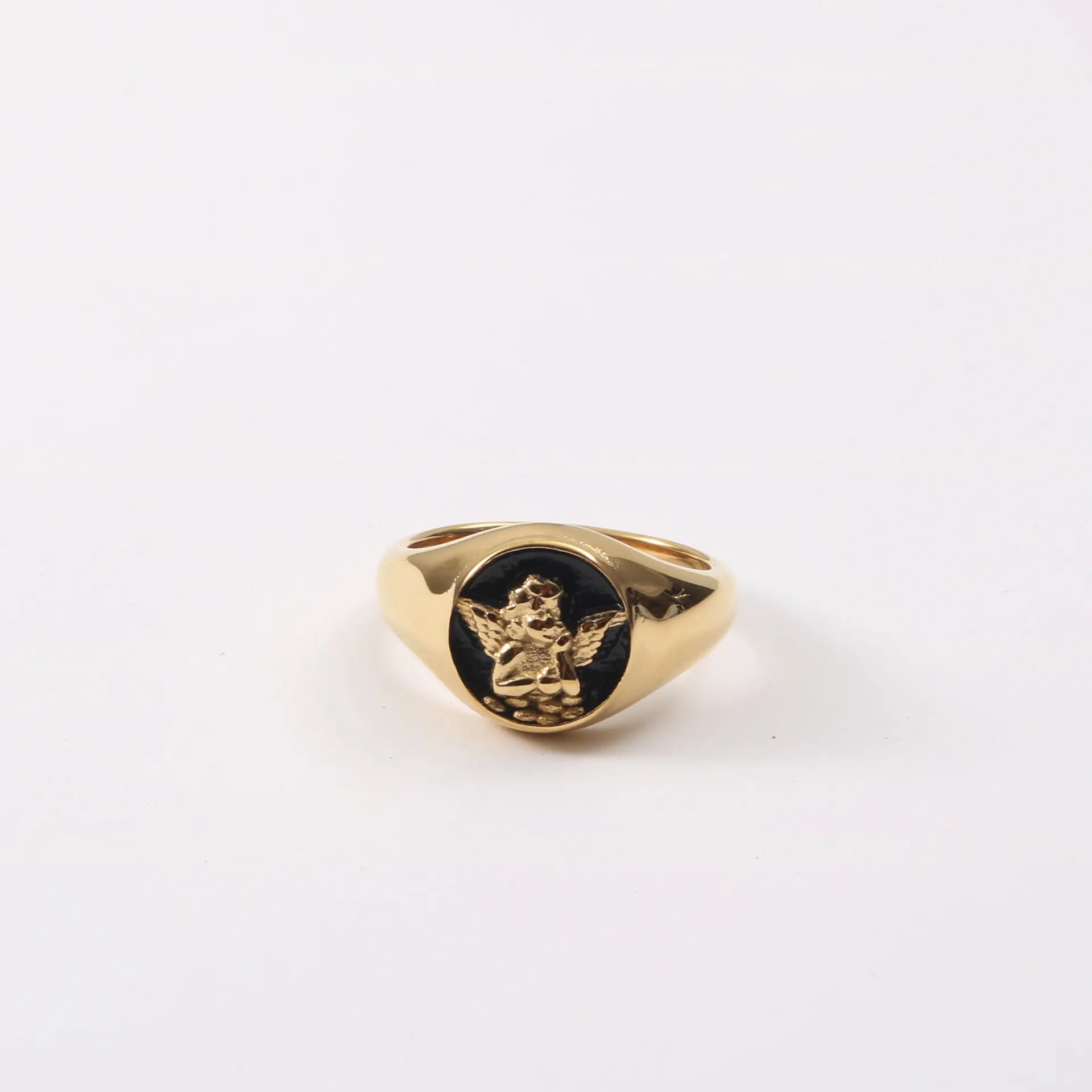 Joolim High End 18K Gold Plated Black Angel Stamp Rings for Women Finger Ring Wholesale