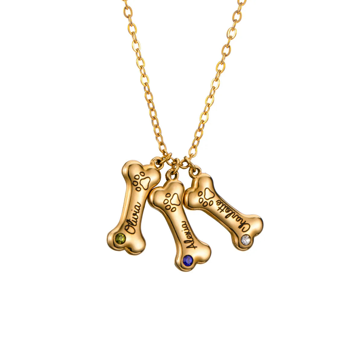 Wholesale Customized Stainless Steel Dog Bone Pendant Necklace 18k Gold-plated Carved Name Colored Zircon Necklace Gift Jewelry