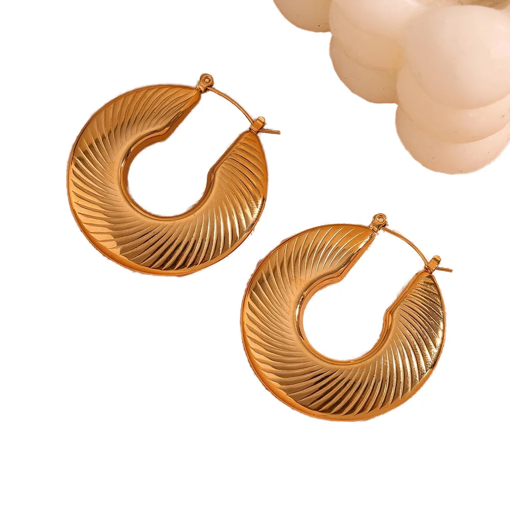Tarnish-Free Gold Plated Stainless Steel Hoop Earrings Trendy Engraved Statement Jewelry for Weddings and Parties