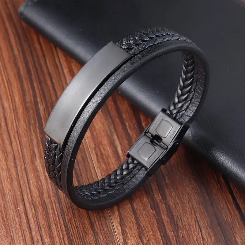 Fashion Jewelry Multi Layered Handmade Leather Men Bracelet Stainless Steel Black Bar Rope String Leather Bracelet OT-191