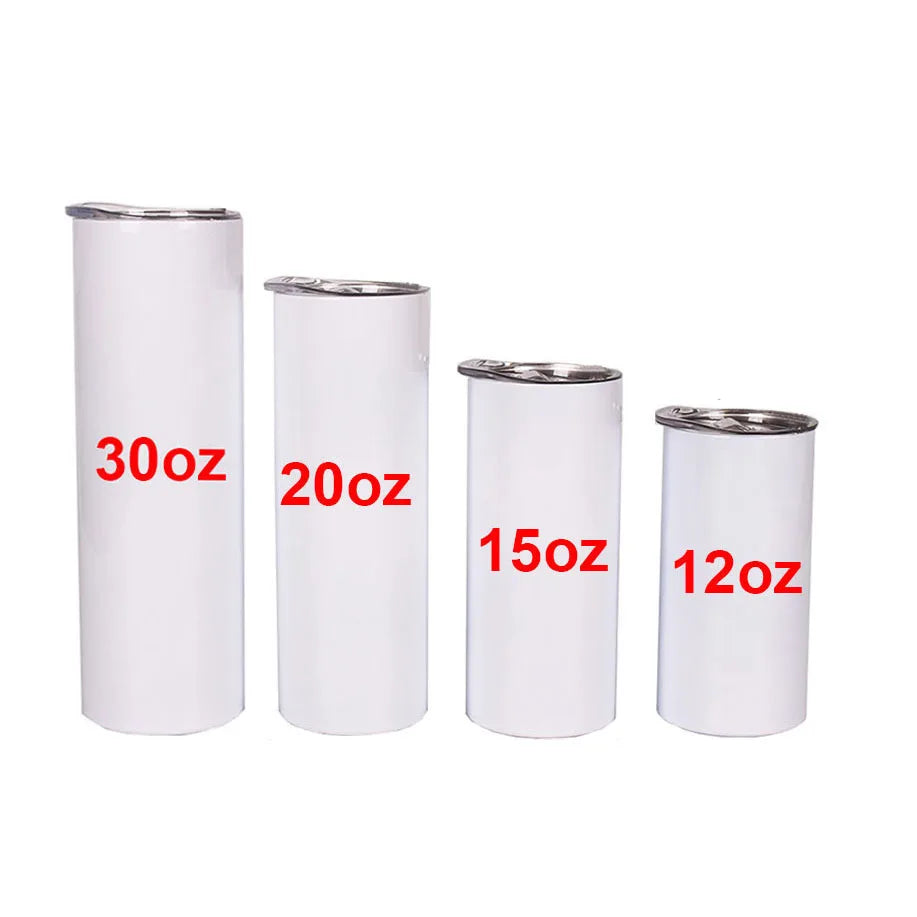Custom Vacuum 12oz 15oz 20oz 30oz Stainless Steel Water Bottles Cups White Sublimation Blank Straight Skinny Tumbler with Lids