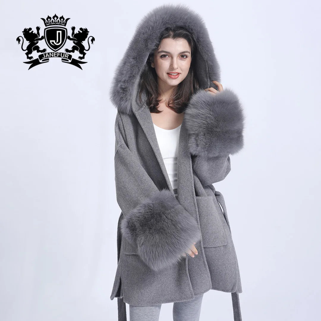 Wool Coat Cashmere Wool Fur Coat With Detachable Large Fox Fur Collar Cuffs