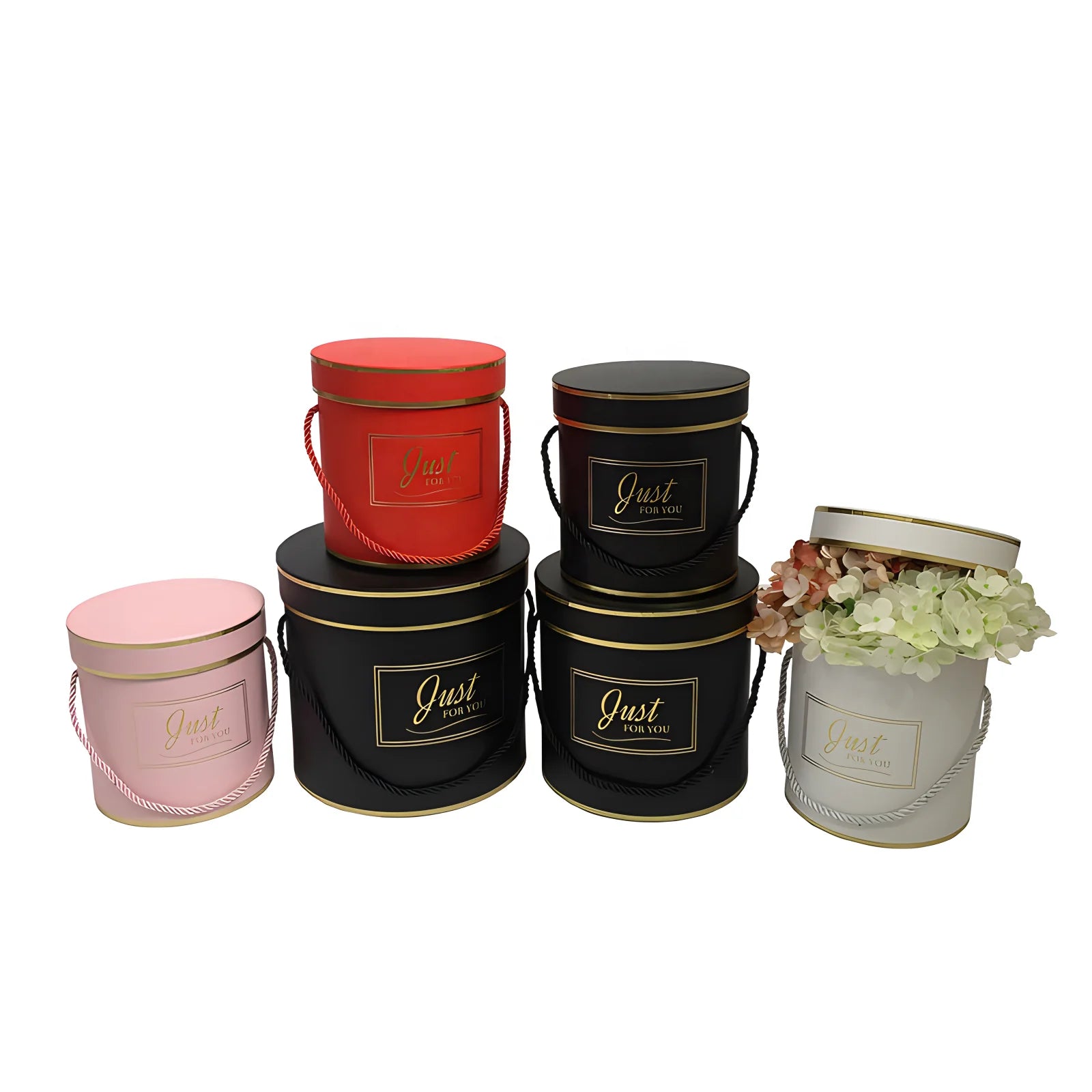 Spot Goods (custom Accepted)  Gold Stamping Round Set 3 Hold Bucket Round Flower Gift Box Round Flower Box with Hand Rope