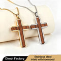 Custom 316L Stainless Steel Wood Inlay Cross Pendant Necklace PVD Gold Plated Religious Men's Jewelry Factory OEM ODM