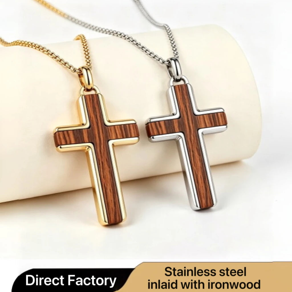 Custom 316L Stainless Steel Wood Inlay Cross Pendant Necklace PVD Gold Plated Religious Men's Jewelry Factory OEM ODM