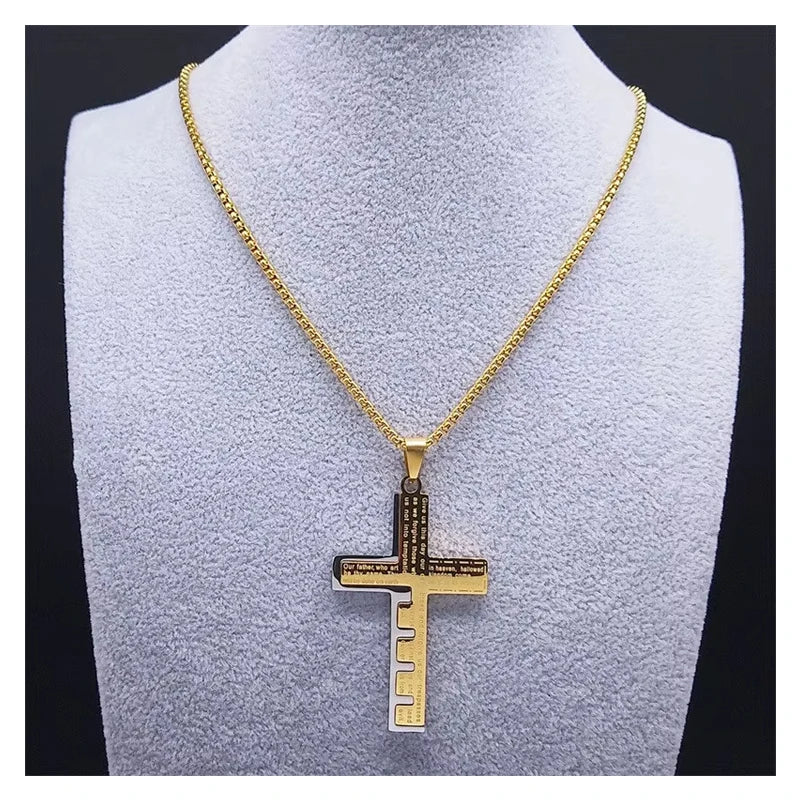 Hip-hop Personality Unique Design Gold Plated Stainless Steel Bible Prayer Cross Pendant Necklace for Men