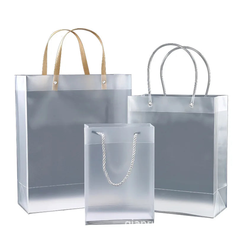 Custom Imprinted Frosted PVC Transparent Cosmetic Gift Advertising Tote Shopping Bags Spot PP Plastic Handbag for Promotion