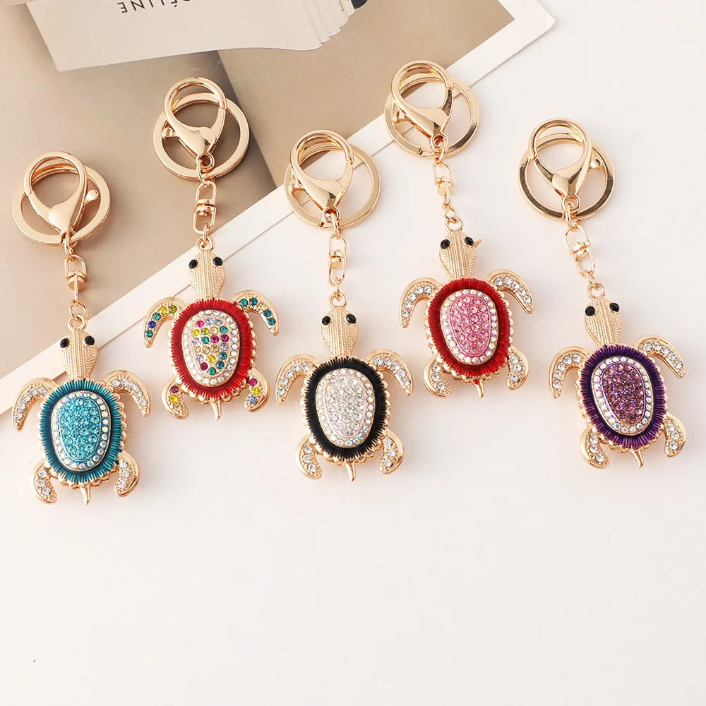 Fashion Crystal Enamel Animal Turtle Pendant Key Ring Colorful Rhinestone Sea Turtle Charm Keychain Women Gift