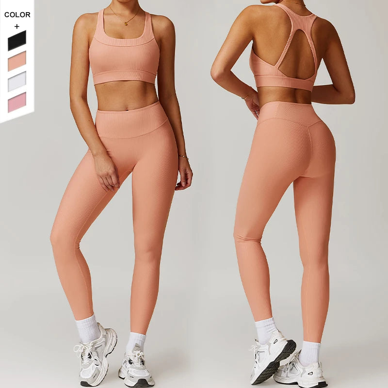 In Stock Skin Friendly Sports Set U-shaped Neckline Hollowed Out Lifting Buttocks Tight Pants Casual Running Yoga Set