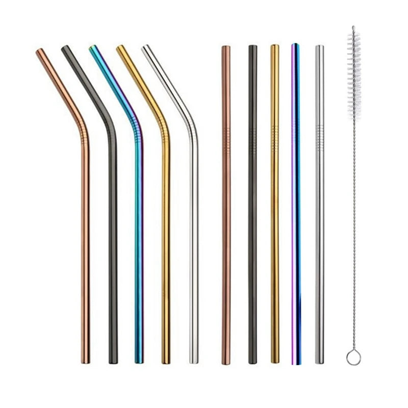 Factory Price Reusable Metal Drinking Straws 304 Stainless Steel Sturdy Bent Straight Drinks Straw with Cleaner Brush for Mugs