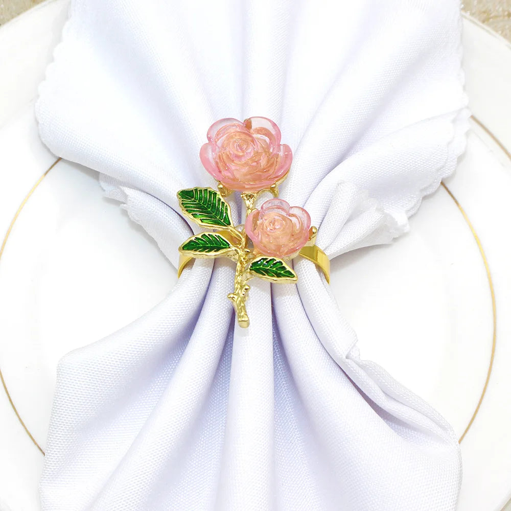 Luxury Metal & Acrylic Rose Flower Napkin Rings Holder for Table Party & Christmas Grateful Mother Father-Stocked Wedding Decor