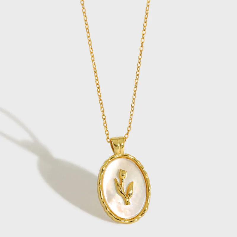 Temperament Original S925 Sterling Silver Necklace Exquisite Ins Niche Geometric Oval Tulip Shell Necklace for Women