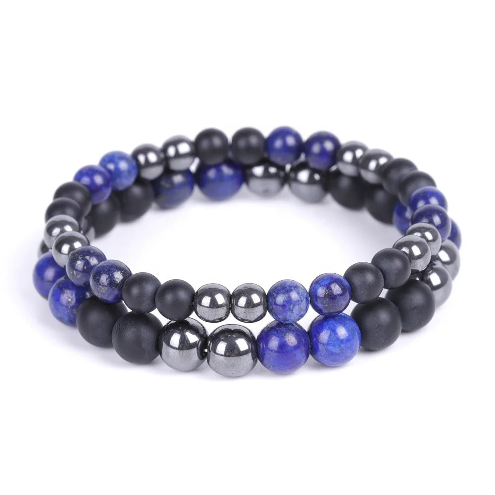 6/8mm Natural Matte Black Onyx Hematite Lapis Lazuli Mantra Prayer Beads Charm Couples Stretch Bracelet