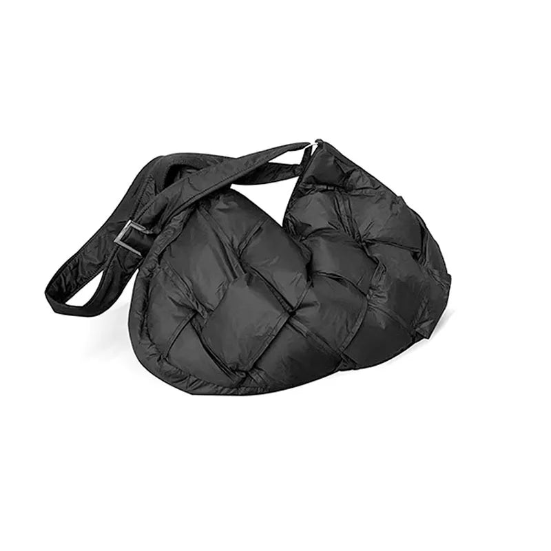 Large Capacity Down Cotton Nylon Single Shoulder Crossbody Bag Black Braided Hand Pleated Bag