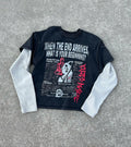 US Free Tax Custom 100% Cotton Double Layer Waffle Sleeve Tshirt Graphic Logo Printed Splicing Long Sleeve Boxy T-Shirt