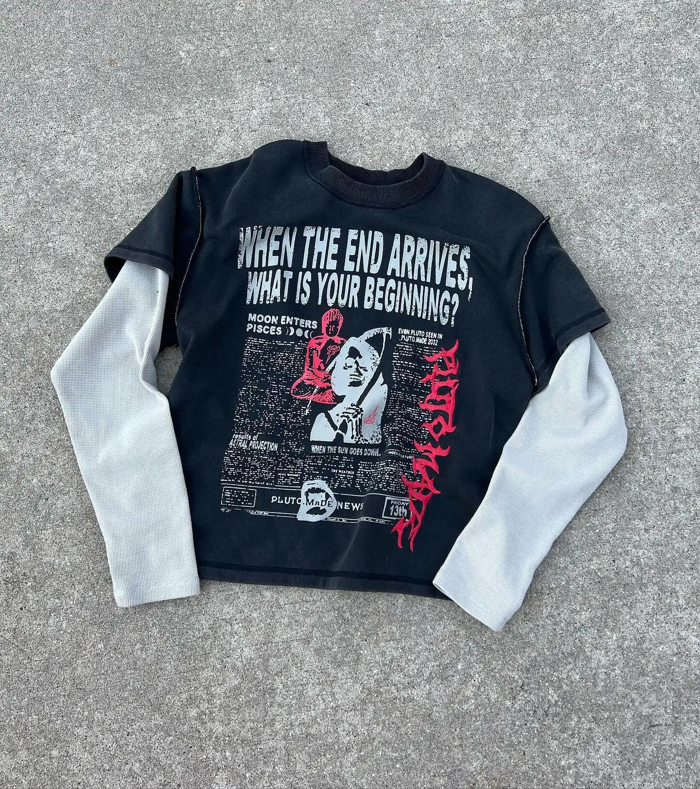 US Free Tax Custom 100% Cotton Double Layer Waffle Sleeve Tshirt Graphic Logo Printed Splicing Long Sleeve Boxy T-Shirt