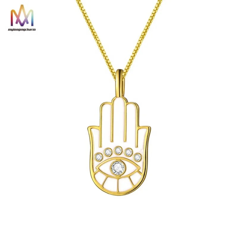 New Fashion Women's Metal Alloy Necklace Gold-Plated Eye and Palm with White Stone Trendy Link Chain Style
